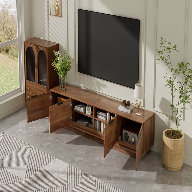 Meuble télé 78 po pour téléviseur de 85 po ou moins, centre de divertissement avec porte cannelée et gestion des câbles, charnières à fermeture en douceur pour le salon