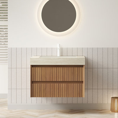 Tilley 30" Bathroom Vanity&sink, Floating Striped Plywood Storage Cabinet With 2 Drawers, Travertine-pattern Sintered Stone Top With Ceramic Undermount Basin, Pre-assembled, Espresso Woodgrain Color 