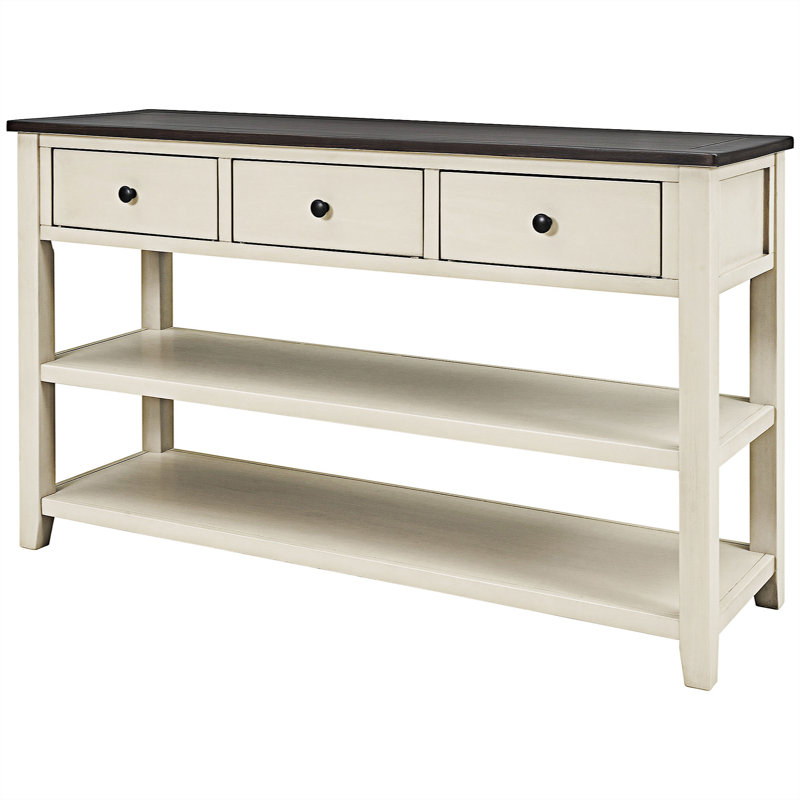 Console avec 2 tablettes ouvertes et 3 tiroirs, Noyer, Beige