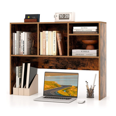 Étagère de bureau moderne avec 4 compartiments de rangement et dos ouvert, idéale pour le télétravail ou la maison, couleur noyer.