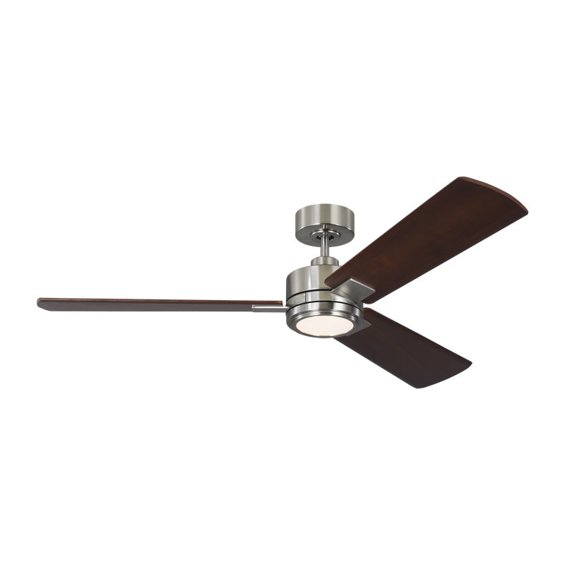 Harris 56-inch indoor/outdoor LED smart ceiling fan in brushed steel finish with dark walnut blades, light kit, and compatible with Alexa, Google Home, and Bond Home Action from Visual Comfort Fan