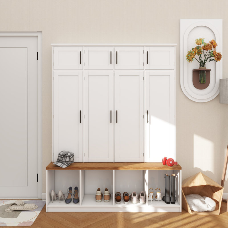 Arbre d'entrée de style campagnard avec 4 crochets cachés, banc polyvalent en noyer avec 8 portes, armoire à chaussures avec compartiments ouverts pour le salon