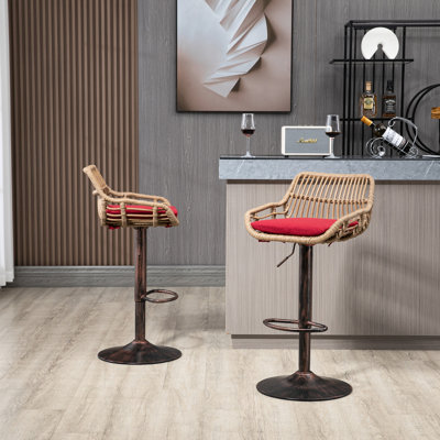 Tabourets de bar réglables rouges de 2, avec repose-pieds pour la cuisine et la salle à manger, fabrication en métal, capacité de poids de 250 lb, coussin de siège en lin, base solide, coussin de charge