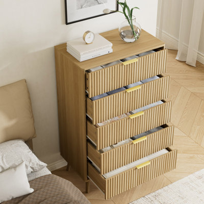 Fluted 5-Drawer Dresser For Bedroom, 28" Modern Chest Of Drawers With Deep Drawers, Curved Profile Design, Wood Drawer Organizer For Living Room, Hallway, Nursery, Hallway Closet