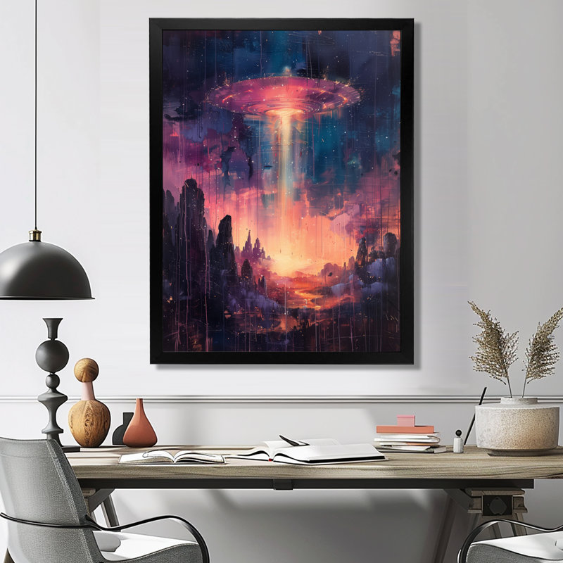 Rose et bleu interstellaire Ufos I - Art mural Ufos, H 12 po x l 20 po, Cadre simple noir, bois massif