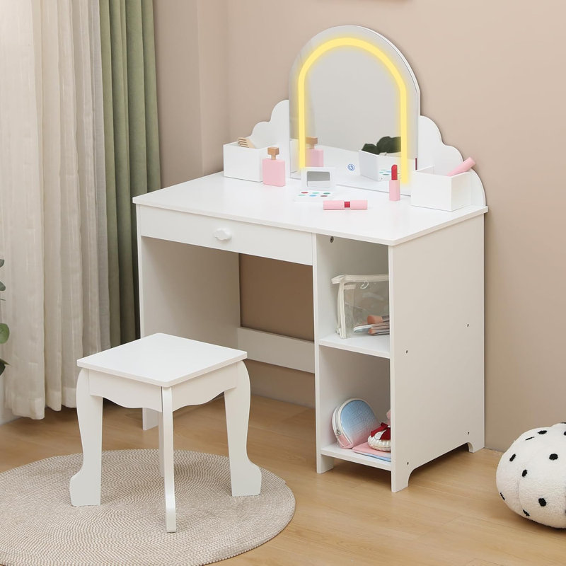 Kids Vanity Set with Lighted Mirror and Stool, Adjustable LED Lights, White
