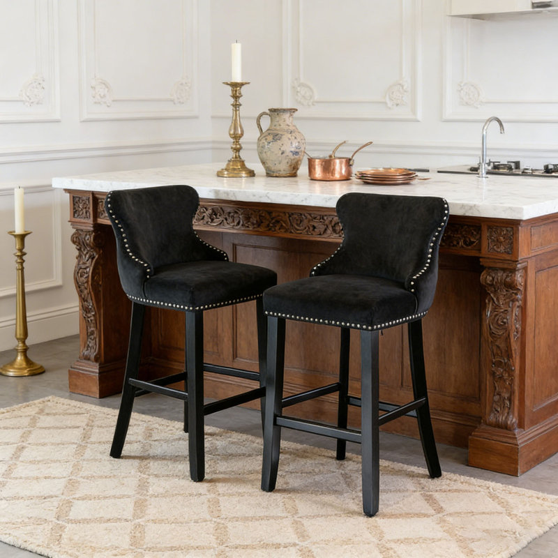 Chaises de bar en velours et pieds en bois, Noir