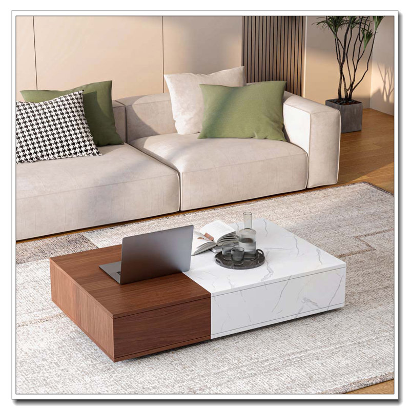 Table basse avec rangement, Bois / marbre, Brun noyer / blanc