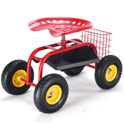 Red Iron Garden Cart With Heavy-Duty Tool Tray Garden Rolling Workseat
