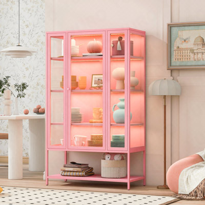 Vitrine 67,3 ", fer, porte en verre, lumières DEL pour objets de collection - rose
