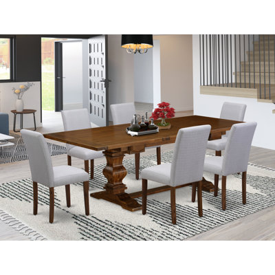 Ensemble de salle à manger 7 pièces composé d'une table de salle à manger rectangulaire avec rallonge amovible et 6 chaises rembourrées en tissu de lin gris, noyer