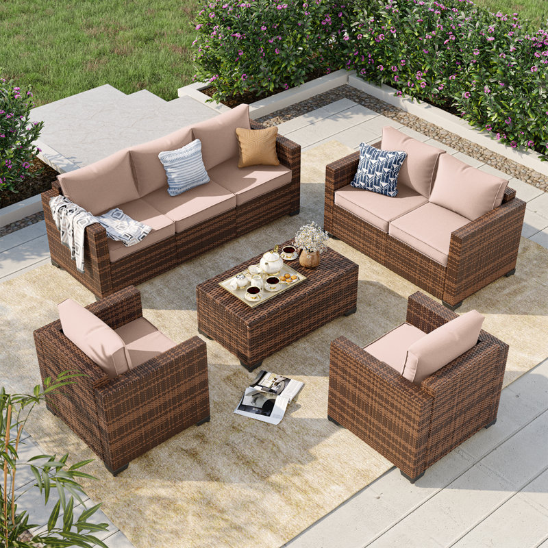 Ensemble de conversation extérieur en rotin avec accoudoirs larges et table de rangement pour 7 personnes, Beige
