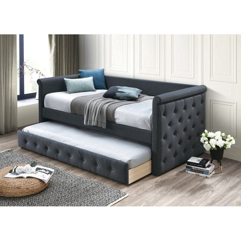 1Pc Day Bed W/ Slat Trundle Button Tufted, Charcoal