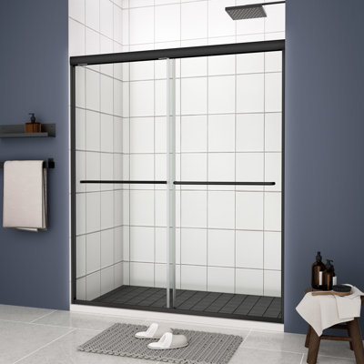 Matted Black Bypass Shower Door Sliding, 56 - 60"X70". Tempered Glass. Top Track, Stainless Steel Handle. Smooth Leakage. Nano Easy Clean, Explode Film. 36000 Open/Close Tests. Hassle- Install