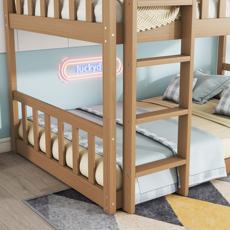 Natural Rubber Wood Watsons Triple Bunk Bed (Watsons-Over-Watsons-Over-Watsons) With Detachable Design, Ladders, And Guardrails