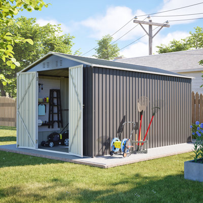 8 x 12 pi, gris, métal, remise de jardin, porte verrouillable, structure en aluminium, espace spacieux, vélos, système à deux portes, accès rapide en métal sécuritaire pour l'équipement de pelouse, portes doubles