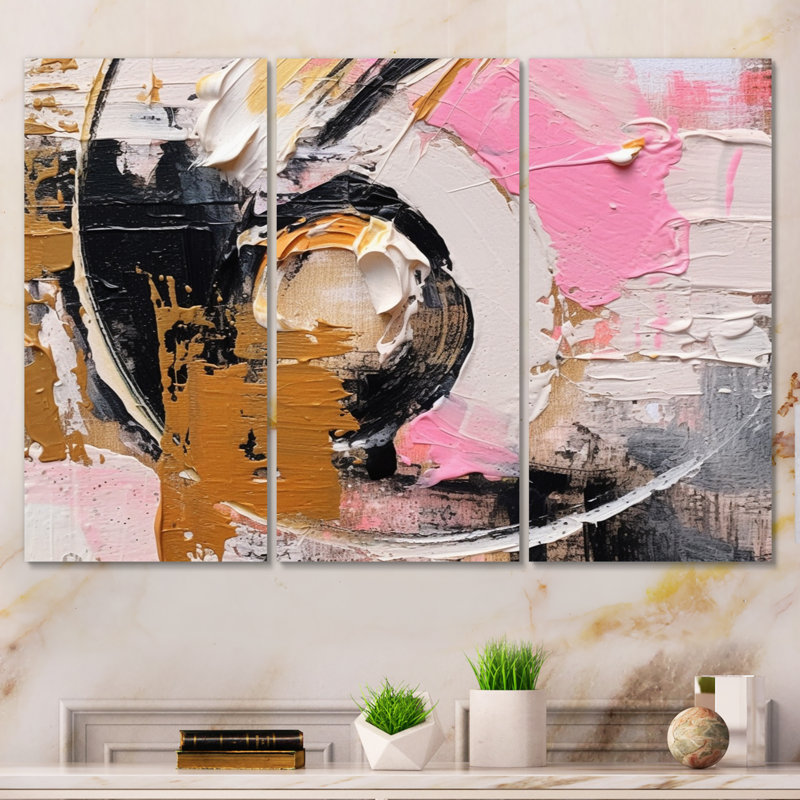 Pink Gold Symmetrical Meets - Cubism Canvas Prints Set, H 28 po x l 36 po x P 1 po, Wrapped Canvas