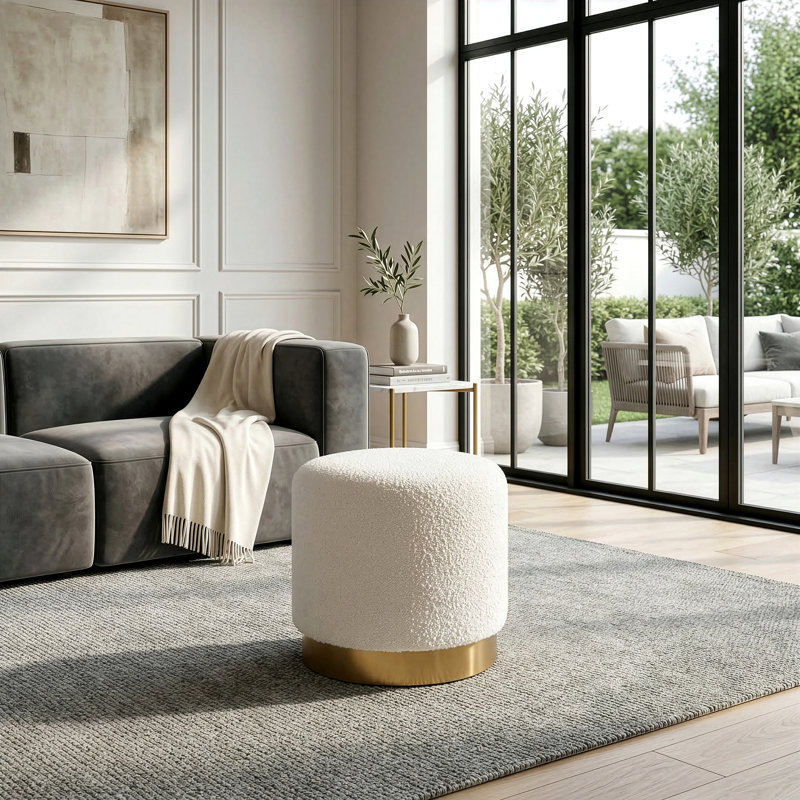 Jorunnr White Boucle Fabric Round Footstool Ottoman with Golden Accent Base Medium Size