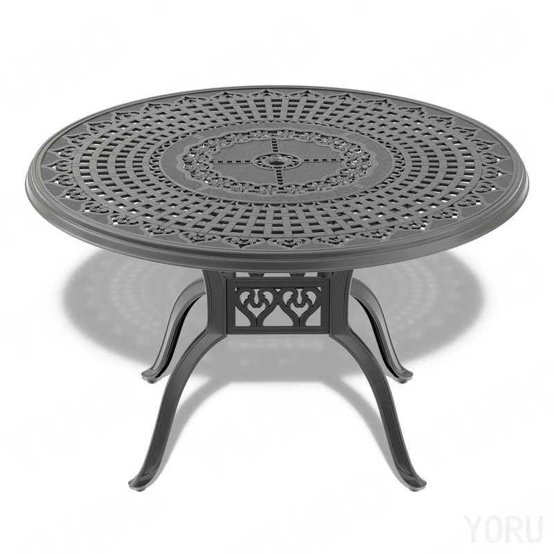 Table de salle à manger 47,24 pouces en fonte d'aluminium avec structure noire et trou pour parasol
