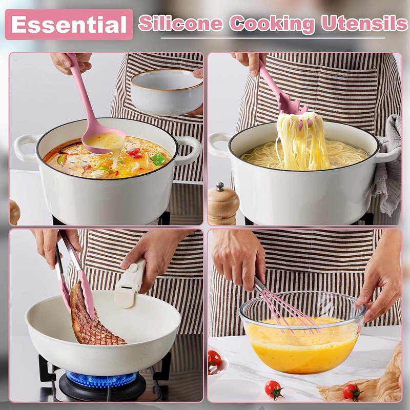Ensemble de 14 ustensiles de cuisine en silicone, rose