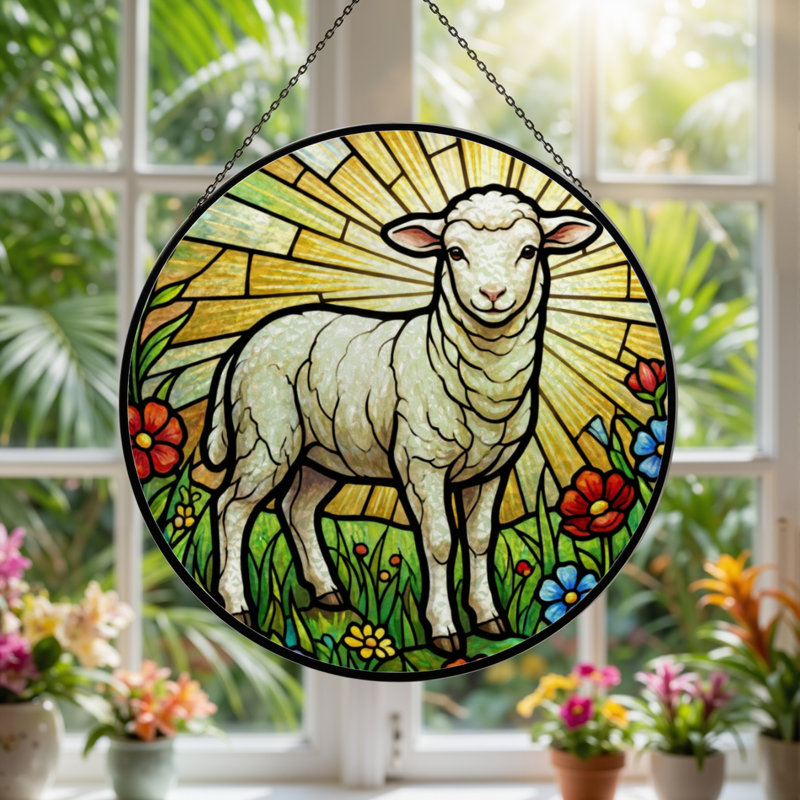 7.8"H Sheep Garden Stained Glass Window Panel, 7.8" H x 7.8" W