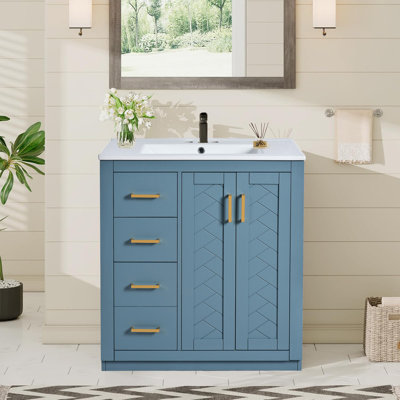 Ensemble de meuble-lavabo autoportant simple 30 po en céramique, meuble-lavabo avec 2 portes et 3 tiroirs pour la salle de bain, la cuisine et la salle de lavage