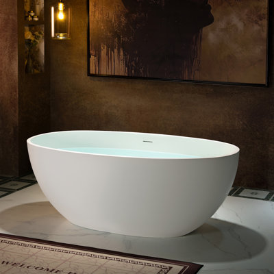 61" Freestanding Soaking Solid Surface Stone Resin Bathtub with Integrated Overflow and Pop-up Drain