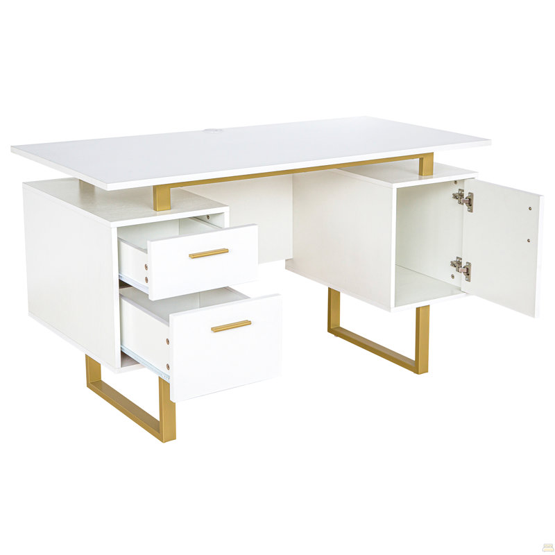 Bureau blanc et doré pour bureau avec tiroirs et rangement, l 51,25 po