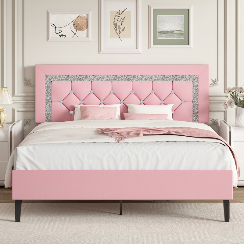 Base de lit avec tête de lit capitonnée Alber, Double, Rose