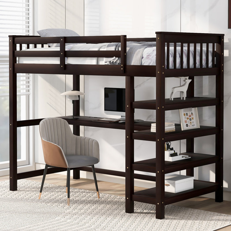 Lit mezzanine simple avec tablette et bureau pour les dortoirs de style chambre à coucher, Lit simple, Espresso
