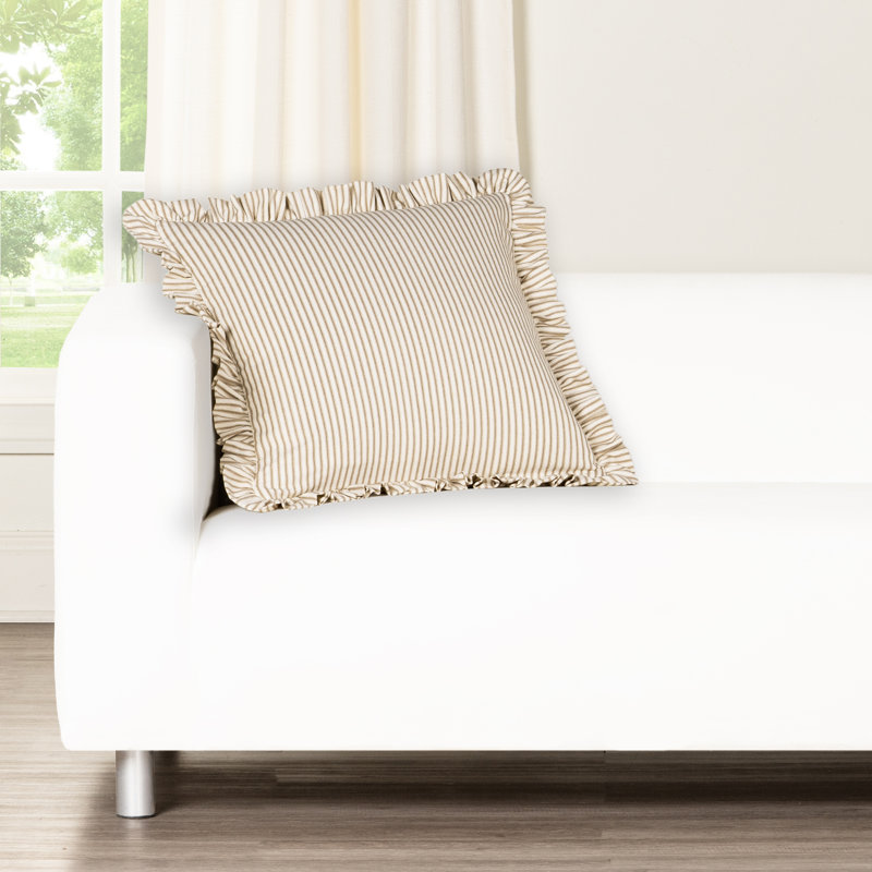 Birch Lane Ticking Stripe Ruffled Accent Pillow, Feather, Brown