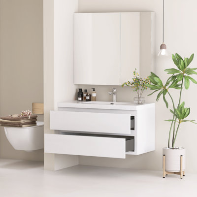 42" Wall-Mounted Bathroom Vanity With Integrated Resin Sink, 2-Drawer