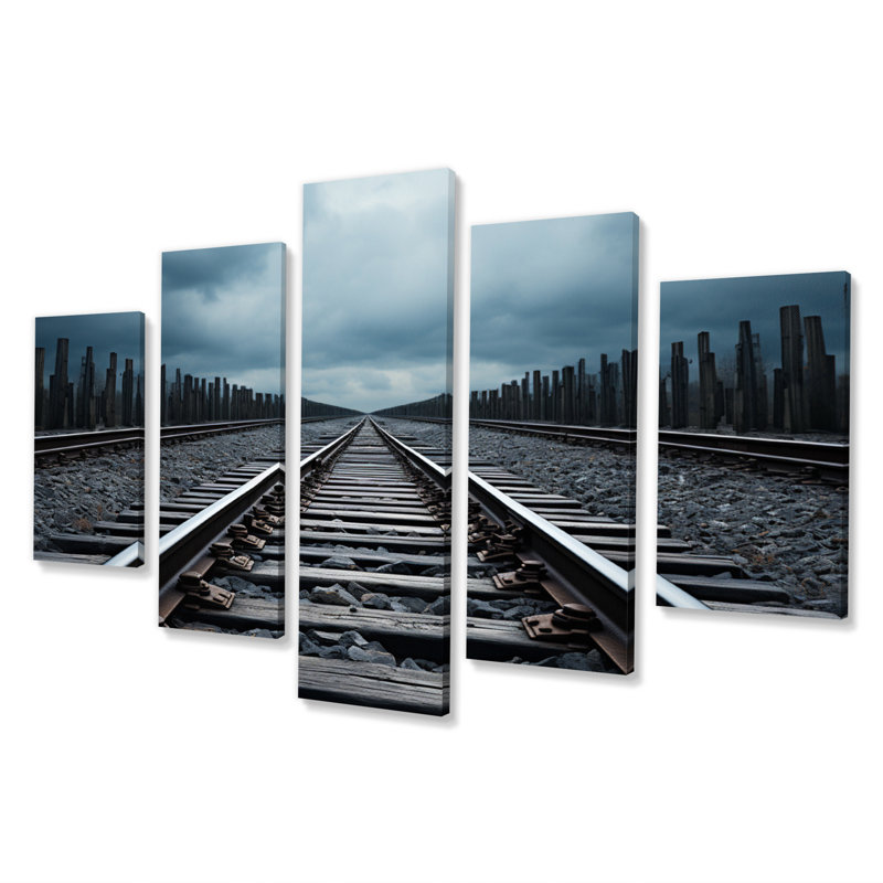 Train Minimalist Tracks II - Art mural sur toile transport - 5 panneaux