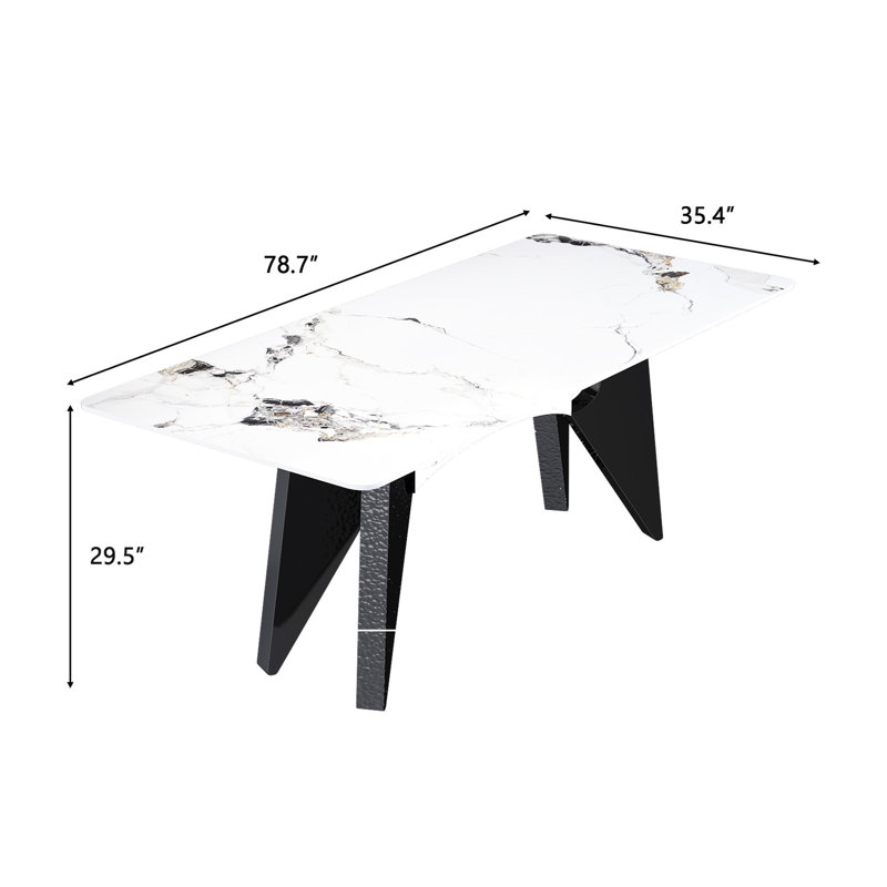 Table de salle à manger de luxe de 79 po pour 6 à 8 personnes, en pierre frittée rectangulaire dorée avec base en acier inoxydable robuste de 6 à 8 po, pieds robustes, surface d'usure