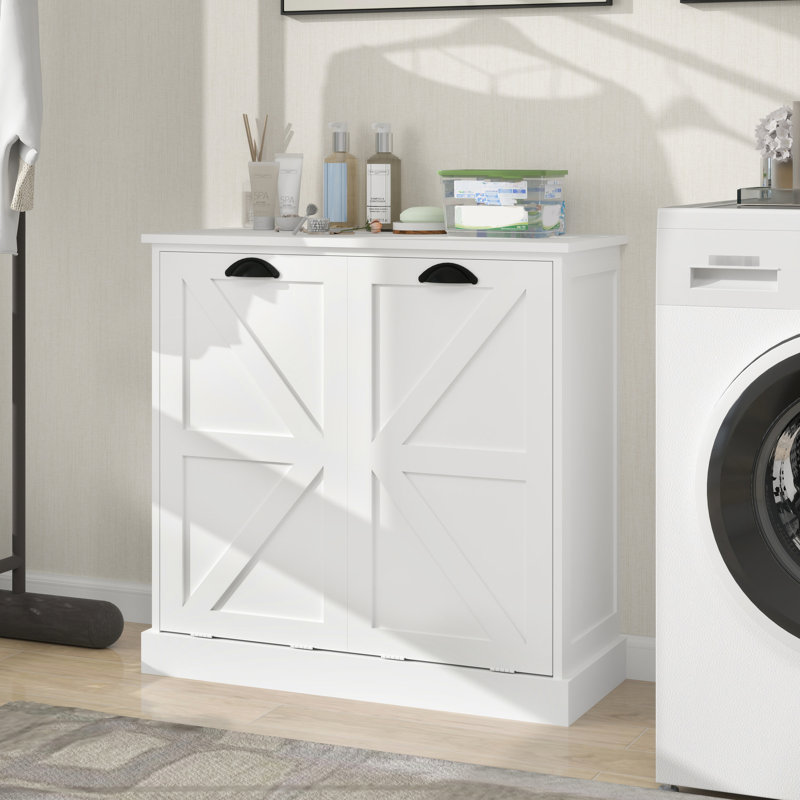 White Laundry Sorter Cabinet With Two Compartments. Contemporary Style. Removable Bags For Organization. E1 Made Painting. Stable And Safe. Surface. . Assembly Guide Included. 100-Pound Load - White.