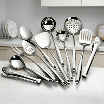 11-Piece Stainless Steel Cooking Utensil Set, 18/10 Food Grade Metal Kitchen Tools With Mirror Finish, Dishwasher Safe Utensils For Cooking, Serving,