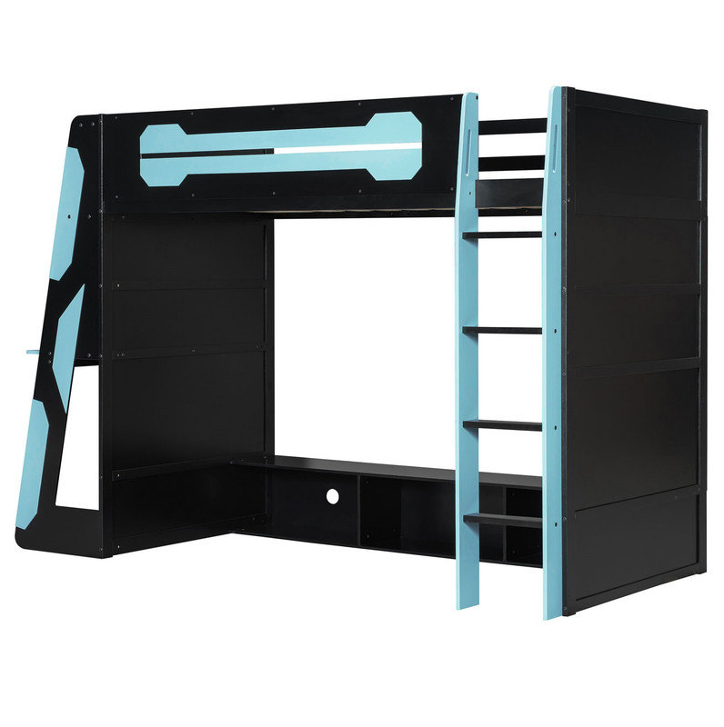 Lit mezzanine simple en bois avec bureau, tablettes multiples et lumière RVB, bleu nuage, Noir / Bleu