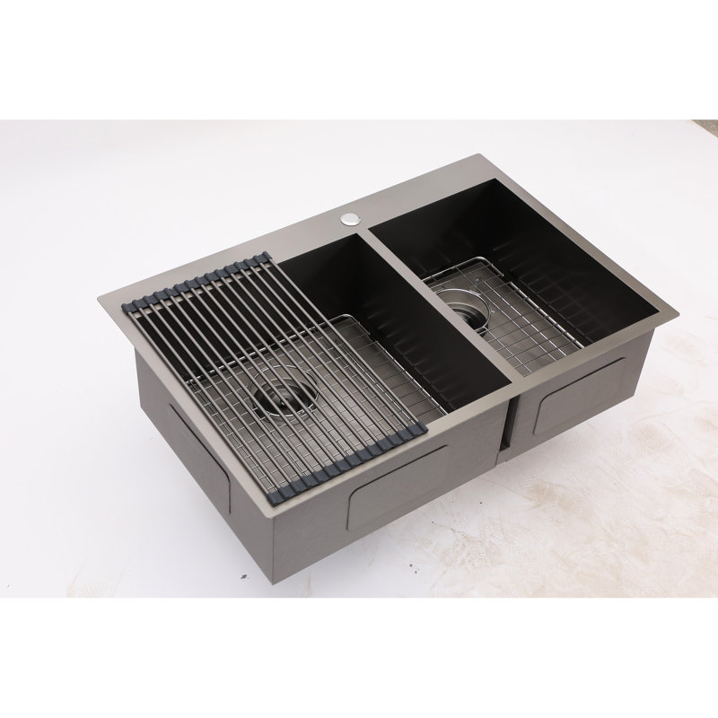 Double évier encastré 33 po x 22 po, noir acier, bol de cuisine noir de qualité en acier inoxydable de calibre 18, acier inoxydable, longue durée de vie