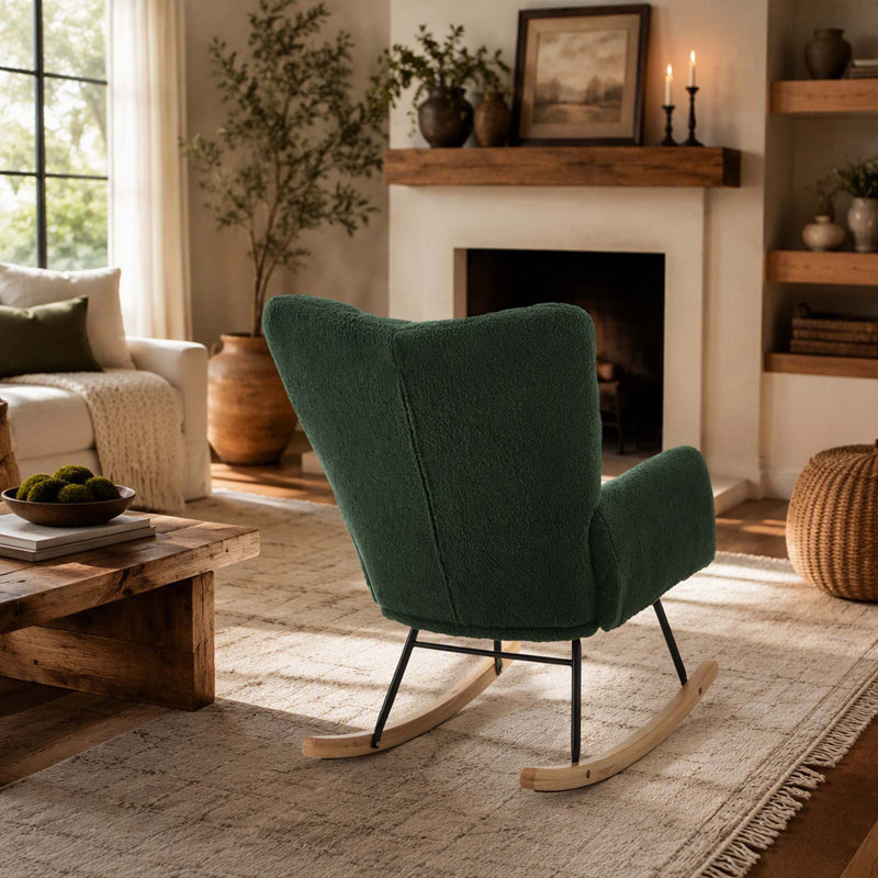 Glider Chair for Living Room Tufted Upholstered Teddy Fabric Rocking Chair with Metal Frame Accent Chair Green