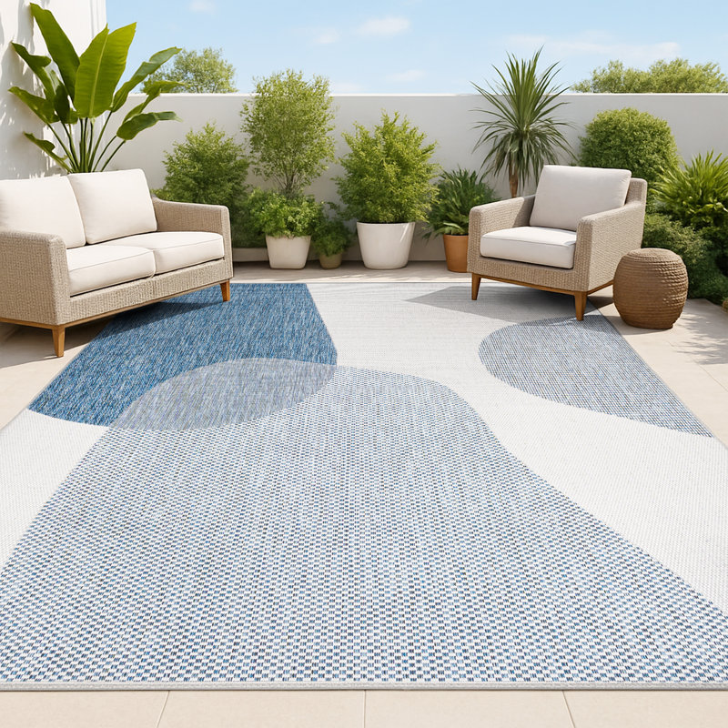 Daniel Modern Geometric Organic Shapes Cream/Navy Indoor/Outdoor Rug, Rectangle 4' x 6'