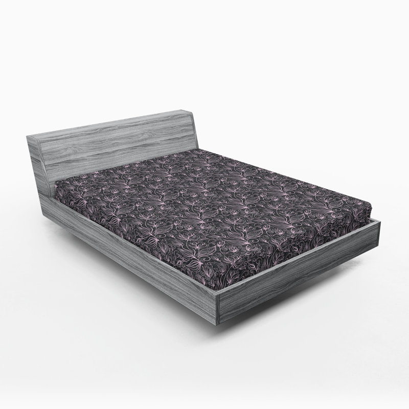 Ambesonne Nature Fitted Sheet Leaves Botanical Style Art, Lilac/Charcoal Gray Floral, King Fitted Sheet