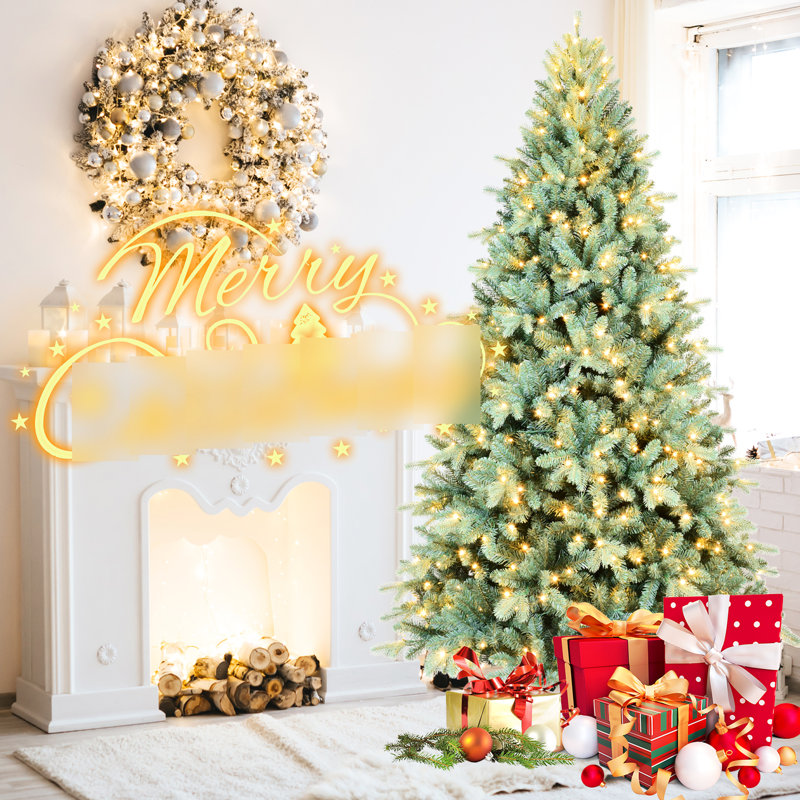 Arbre de Noël 9 pi à teinte bleue avec 800 lumières DEL blanc chaud, branches articulées, base robuste 3268 pointes denses, branches pour l'assemblage