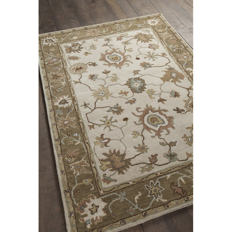 Bartz Authentic Hand-Tufted Handmade Cream, Olive-Brown & Rust Traditional Oushak Floral Wool Area Rug, Rectangle 9' x 13'