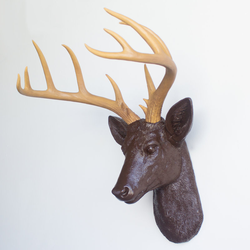 Grande décoration murale fausse tête de cerf naturalisée, Brun / naturel