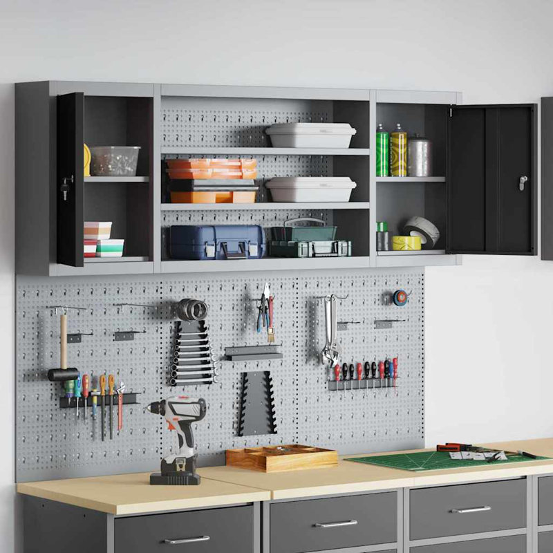 Tool Cabinet Set with Shelf with Storage Powder-Coated Steel Metal Wall