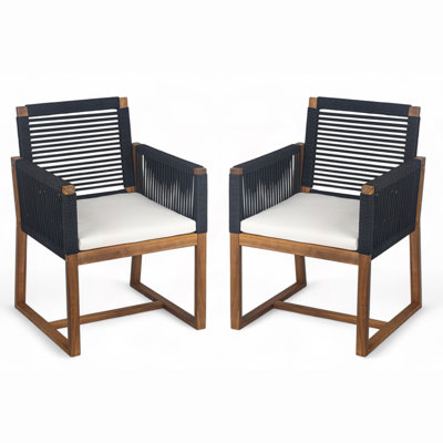 Ensemble de 2 chaises de salle à manger d'extérieur, fauteuil de patio en bois d'acacia avec dossier et accoudoirs RoPE et coussin lavable