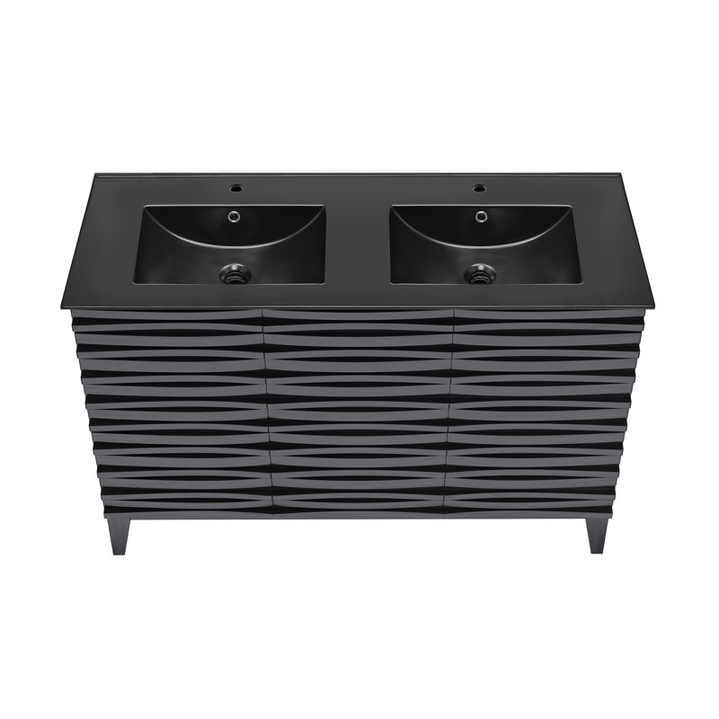 Cascade 48 po Meuble-lavabo double avec comptoir en céramique, Noir, Blanc