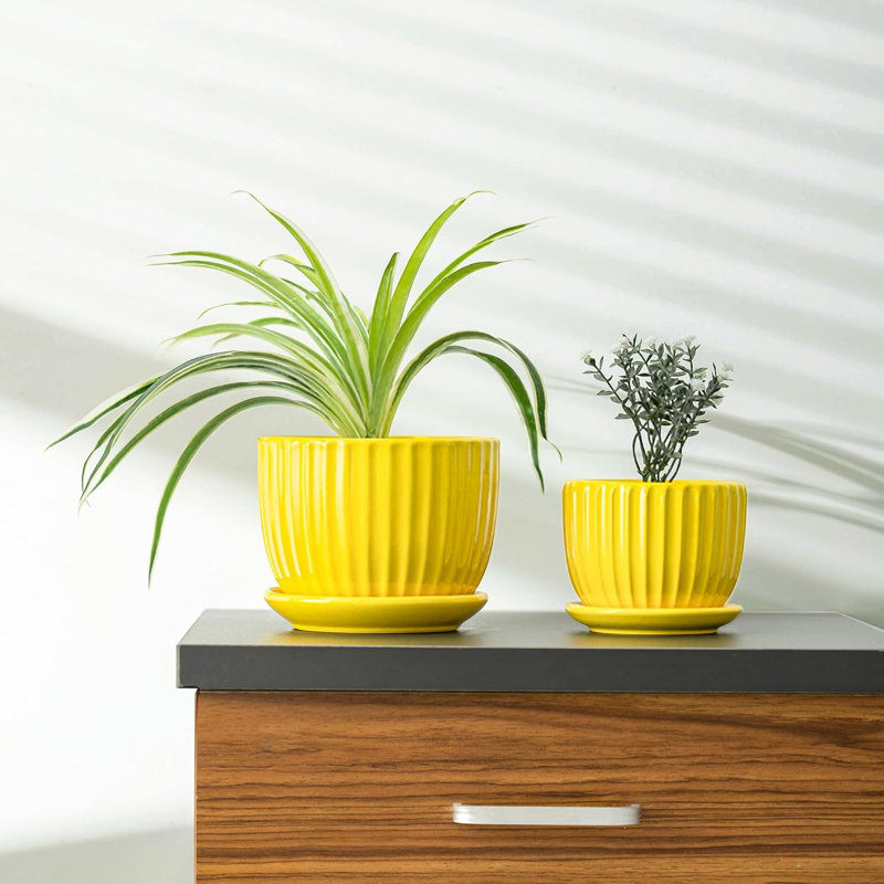 Ensemble de 3 pots à fleurs en céramique jaune (4/5/6 po)