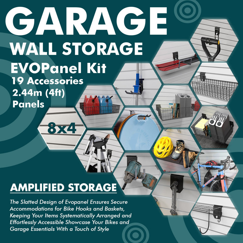 Symple Stuff Garage Slat Wall Storage Kit - Heavy Duty Garage Wall Storage Organiser for Your Garage & Garden & Equipement with Twist Lock Mechanism | 19 Accessories | 2.44m (4ft) Panels