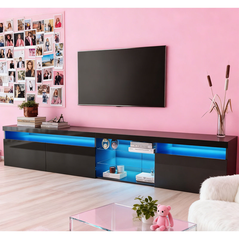 Unique Design TV Stand with 2 Glass Shelves, Black